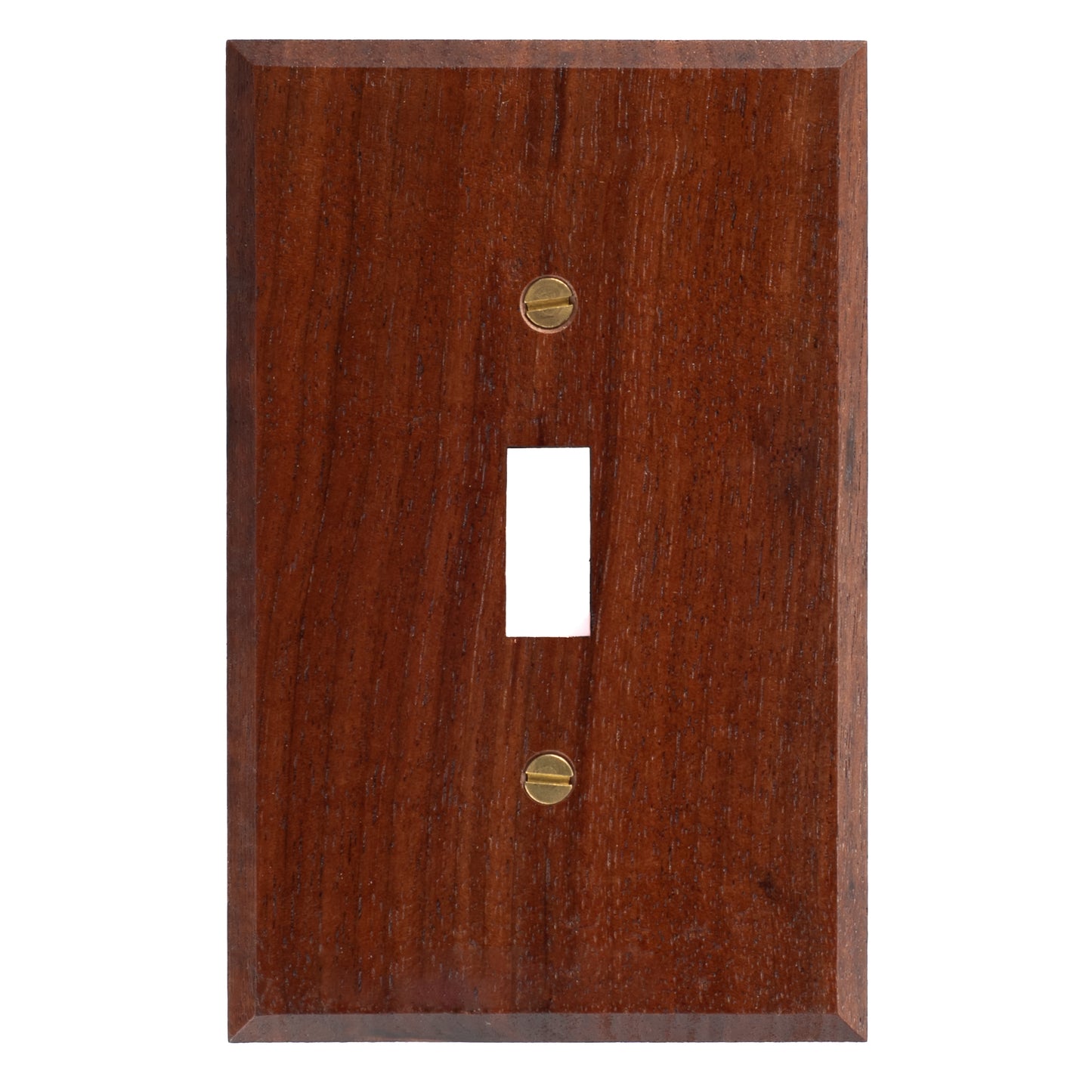 Single Toggle Walnut Wood Light Switch Cover with Brass hardware.
