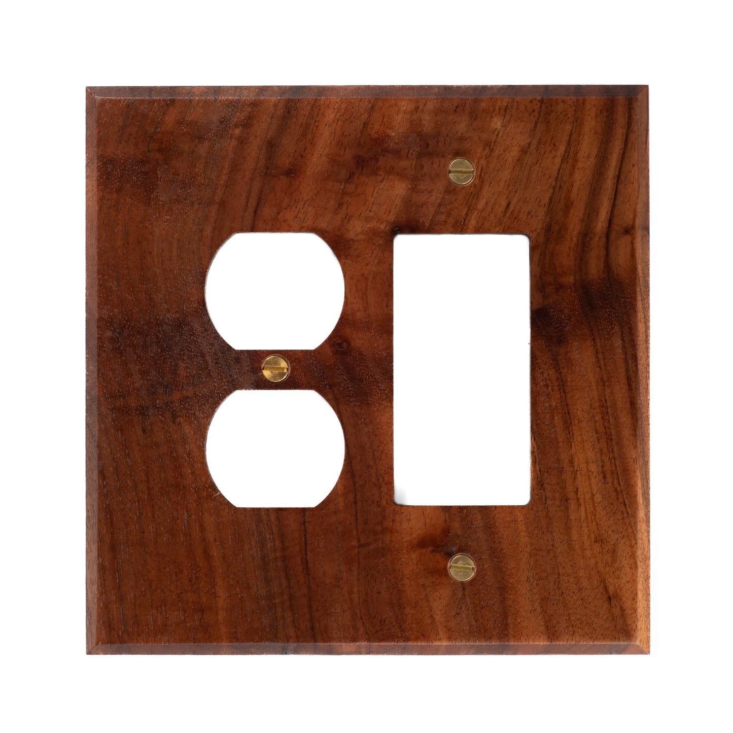 Single Gang Outlet with Single Rocker Walnut Wood Light Switch Cover with Brass hardware.