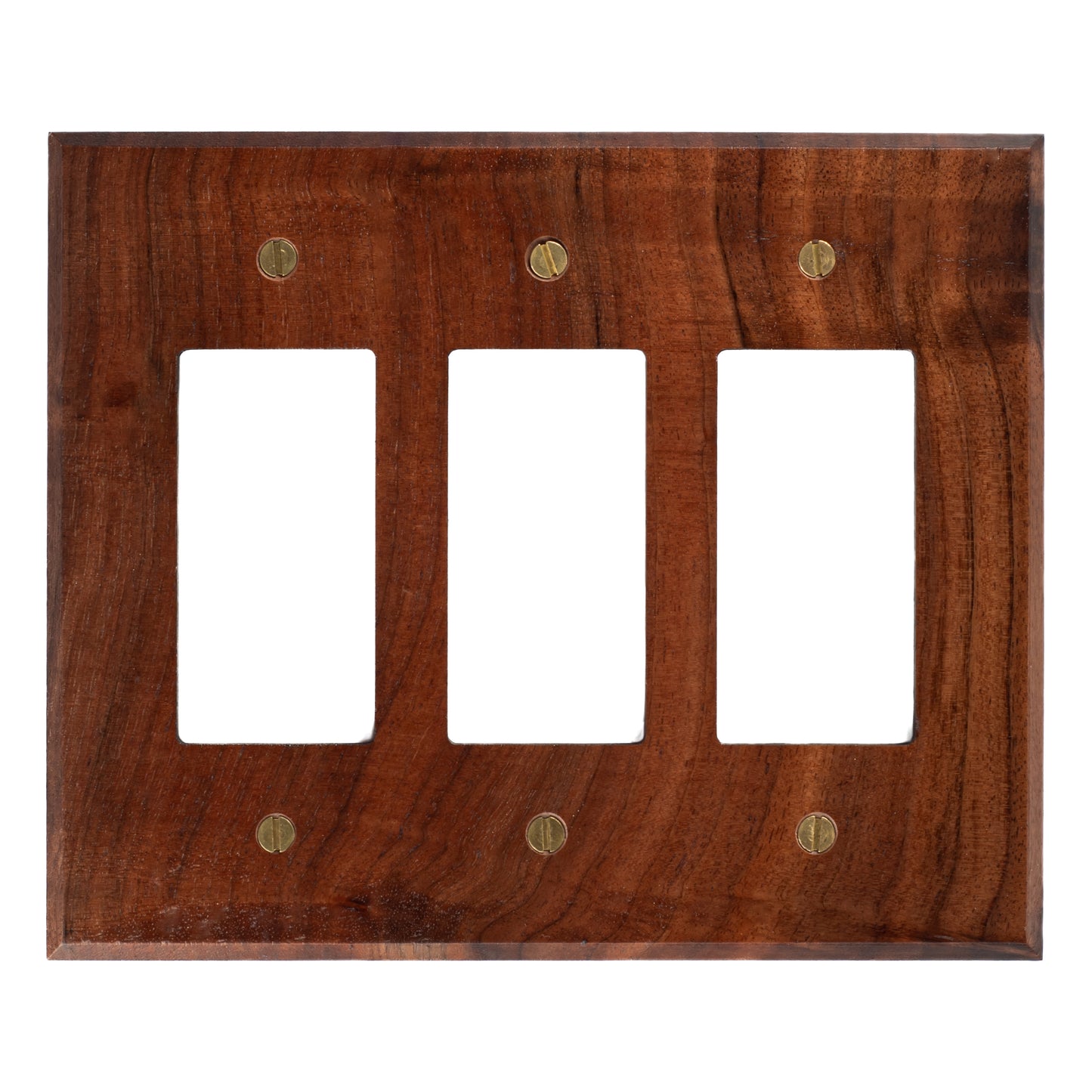 Three Switch Rocker Walnut Wood Light Switch Cover with Brass hardware.