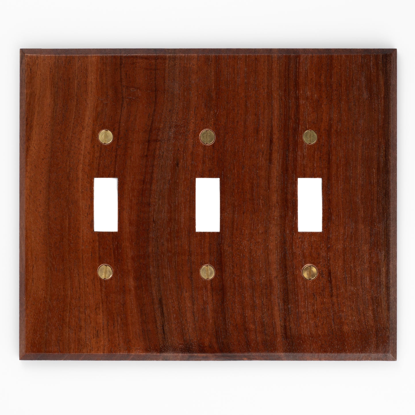 Three Toggle Switch Walnut Wood Light Switch Cover with Brass hardware.