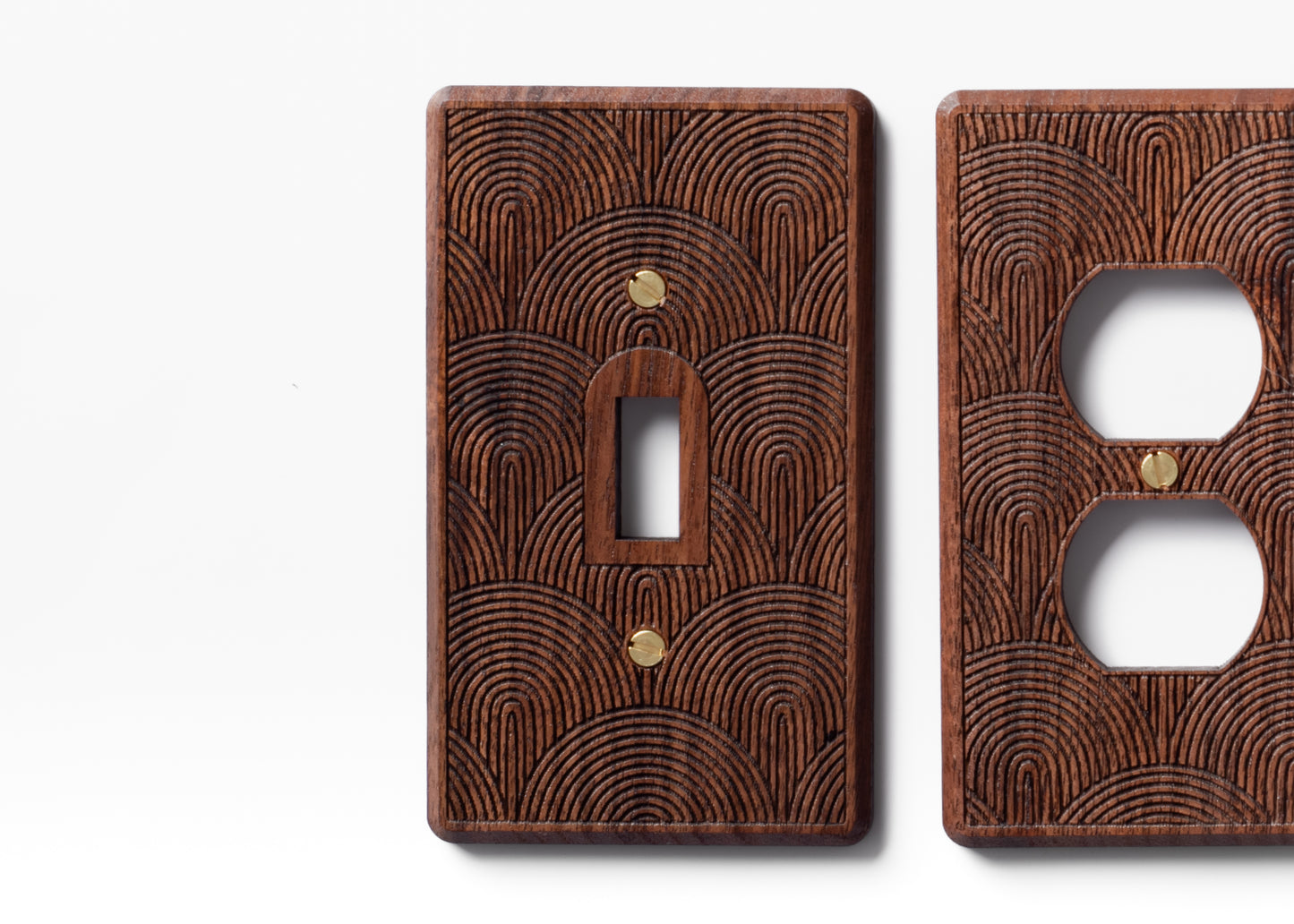 Single Toggle Walnut Wooden Light Switch Cover with Boho Rainbow Engraved Design