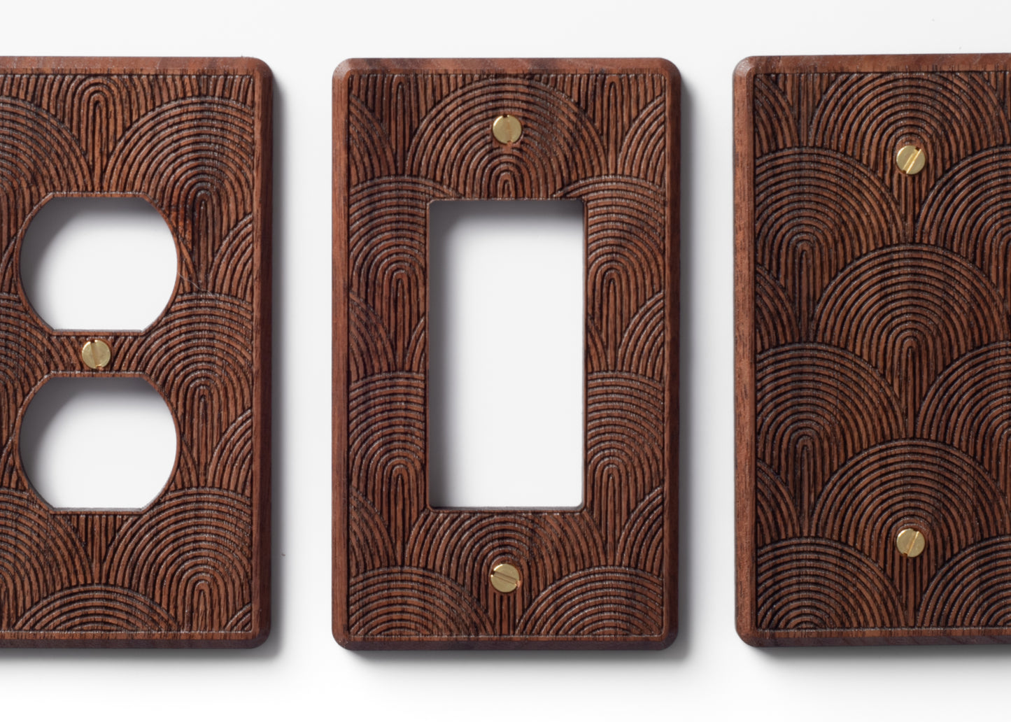 Single Rocker Walnut Wooden Light Switch Cover with Boho Rainbow Engraved Design