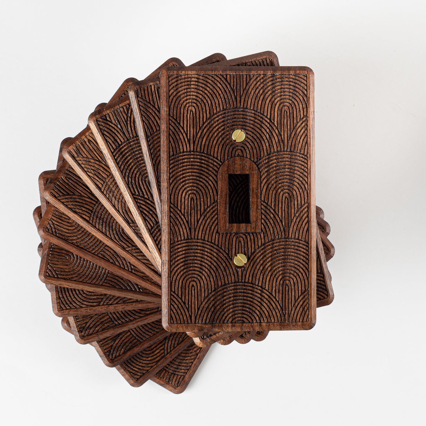 Single Toggle Walnut Wooden Light Switch Cover with Boho Rain Rainbow Engraved Design