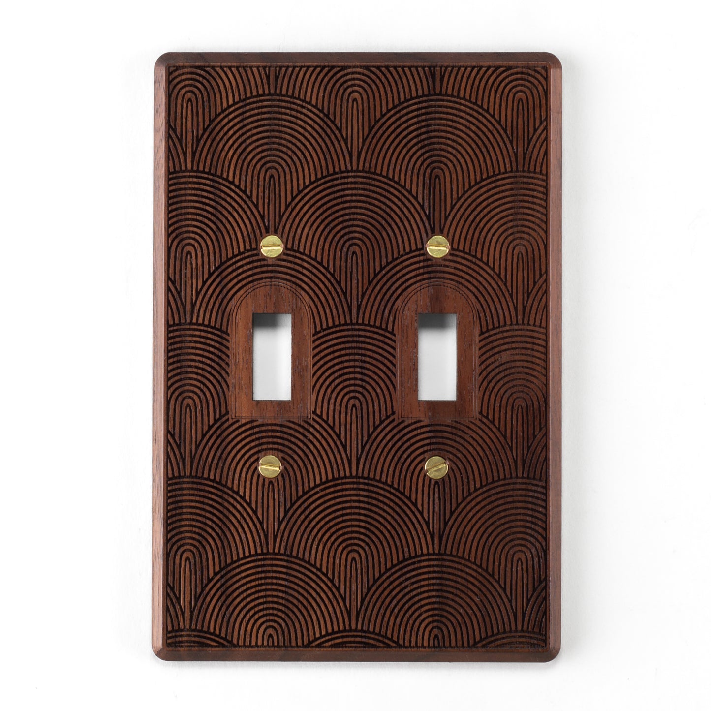 Two Toggle Switch Walnut Wooden Light Switch Cover with Boho Rainbow Engraved Design